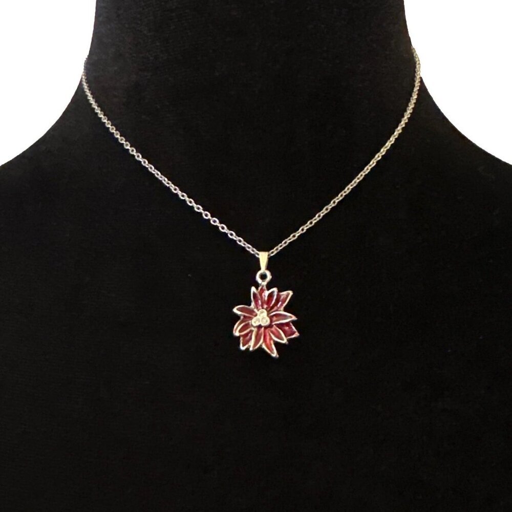 Vintage Silver Chain Necklace With Red Enamel Flower Pendant